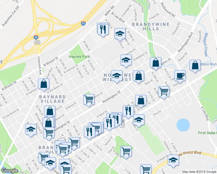 map of restaurants, bars, coffee shops, grocery stores, and more near 3211 North Jefferson Street in Wilmington