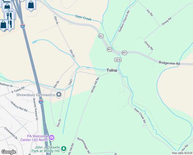 map of restaurants, bars, coffee shops, grocery stores, and more near 1297 East Tolna Road in New Freedom