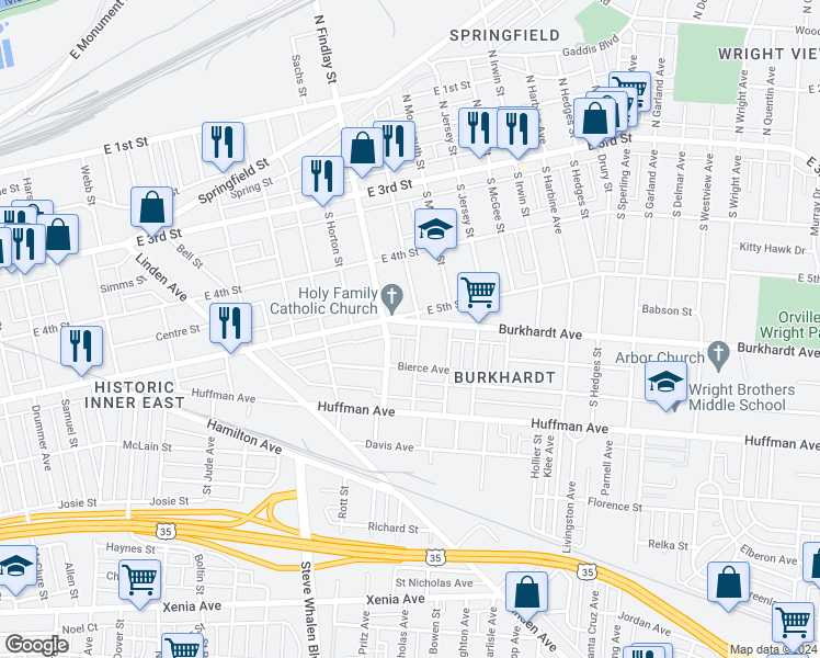 map of restaurants, bars, coffee shops, grocery stores, and more near 30 Burkhardt Avenue in Dayton