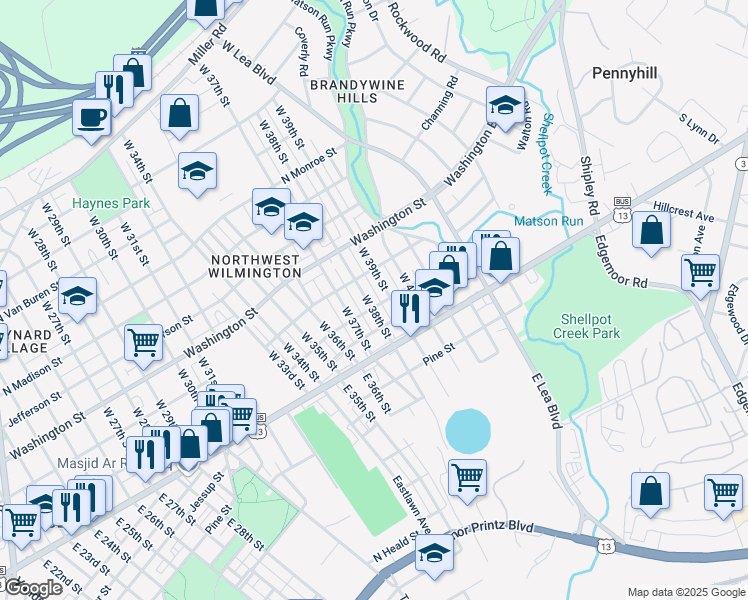 map of restaurants, bars, coffee shops, grocery stores, and more near 19 West 38th Street in Wilmington