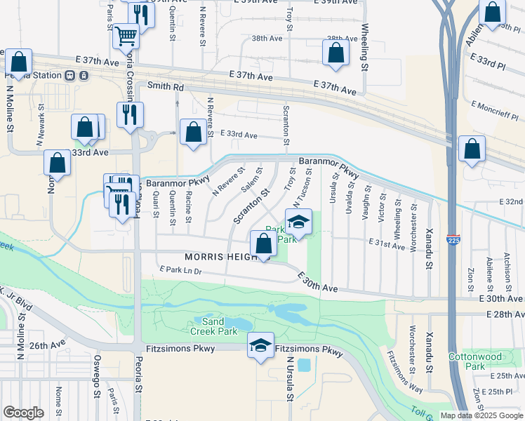 map of restaurants, bars, coffee shops, grocery stores, and more near 3162 Troy Street in Aurora