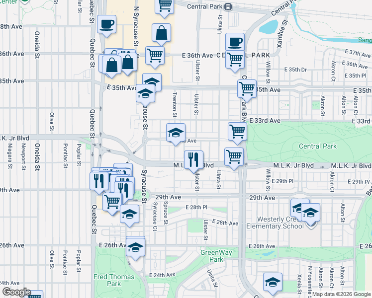 map of restaurants, bars, coffee shops, grocery stores, and more near 8007 East 31st Avenue in Denver