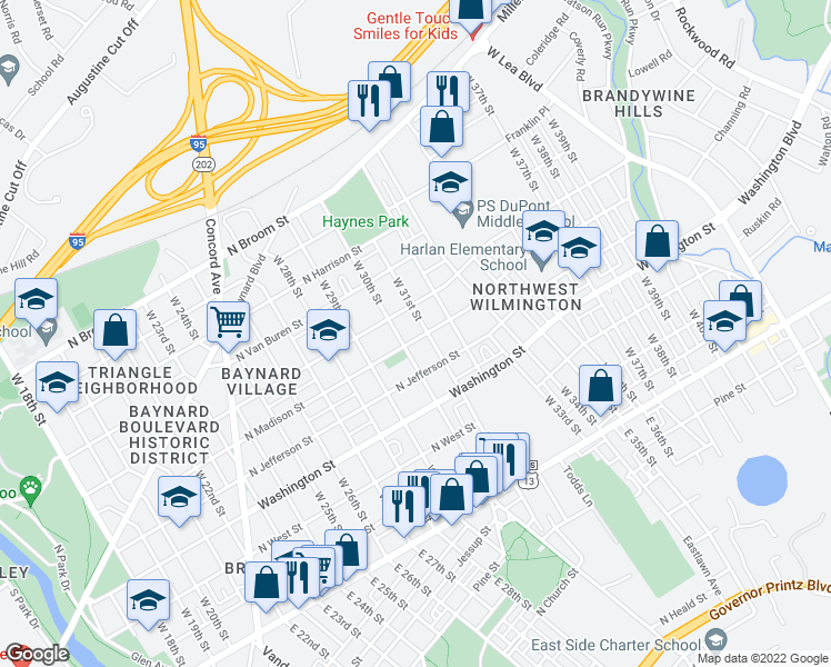 map of restaurants, bars, coffee shops, grocery stores, and more near 3017 North Madison Street in Wilmington