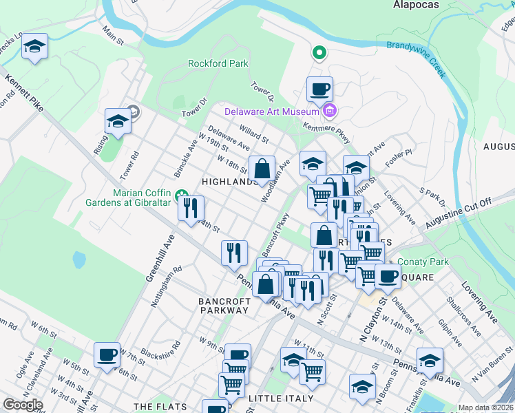 map of restaurants, bars, coffee shops, grocery stores, and more near 1601 Woodlawn Avenue in Wilmington