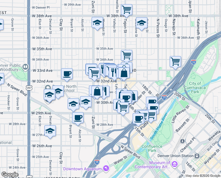 map of restaurants, bars, coffee shops, grocery stores, and more near 3039 Vallejo Street in Denver