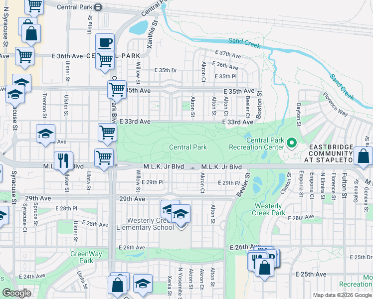 map of restaurants, bars, coffee shops, grocery stores, and more near 8801 Martin Luther King Junior Boulevard in Denver