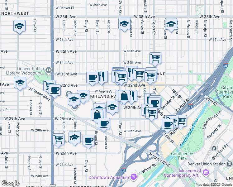map of restaurants, bars, coffee shops, grocery stores, and more near 2419 West Argyle Place in Denver