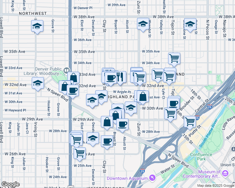 map of restaurants, bars, coffee shops, grocery stores, and more near 2555 West Dunkeld Place in Denver