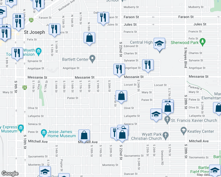 map of restaurants, bars, coffee shops, grocery stores, and more near 709 South 20th Street in Saint Joseph