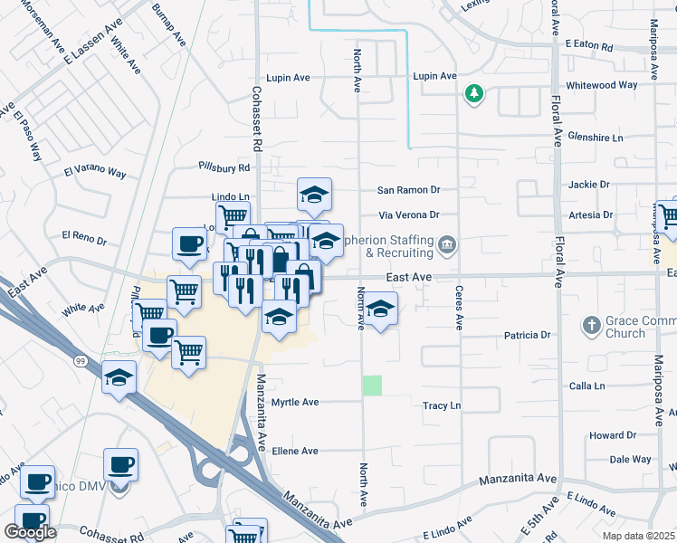map of restaurants, bars, coffee shops, grocery stores, and more near 988 East Avenue in Chico