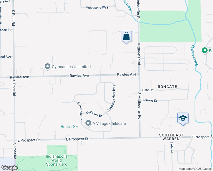 map of restaurants, bars, coffee shops, grocery stores, and more near 607 Sweet Creek Drive in Indianapolis