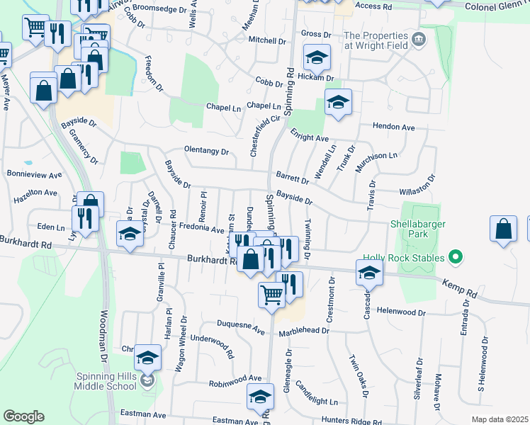 map of restaurants, bars, coffee shops, grocery stores, and more near 480 Dundee Circle in Dayton