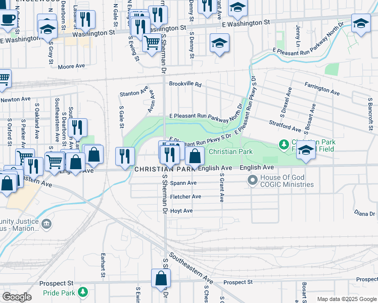 map of restaurants, bars, coffee shops, grocery stores, and more near 3848 English Avenue in Indianapolis
