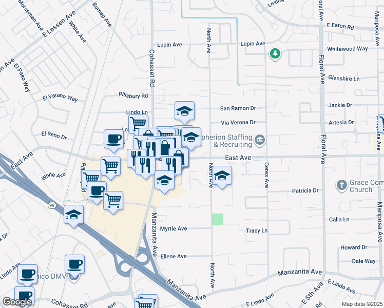 map of restaurants, bars, coffee shops, grocery stores, and more near 988 East Avenue in Chico