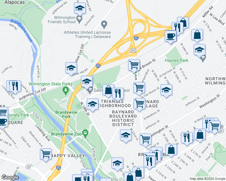 map of restaurants, bars, coffee shops, grocery stores, and more near 904 McCabe Avenue in Wilmington
