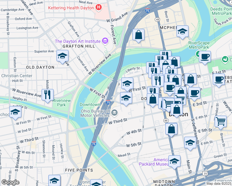 map of restaurants, bars, coffee shops, grocery stores, and more near 200 Maxwell Drive in Dayton