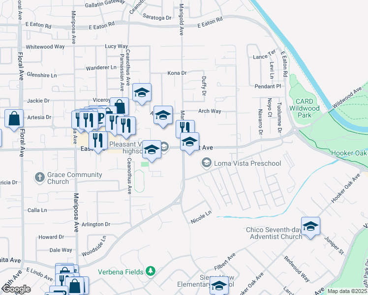 map of restaurants, bars, coffee shops, grocery stores, and more near 2446 Marigold Avenue in Chico