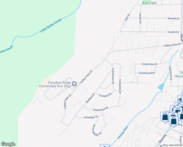 map of restaurants, bars, coffee shops, grocery stores, and more near 242 Valley View Drive in Paradise