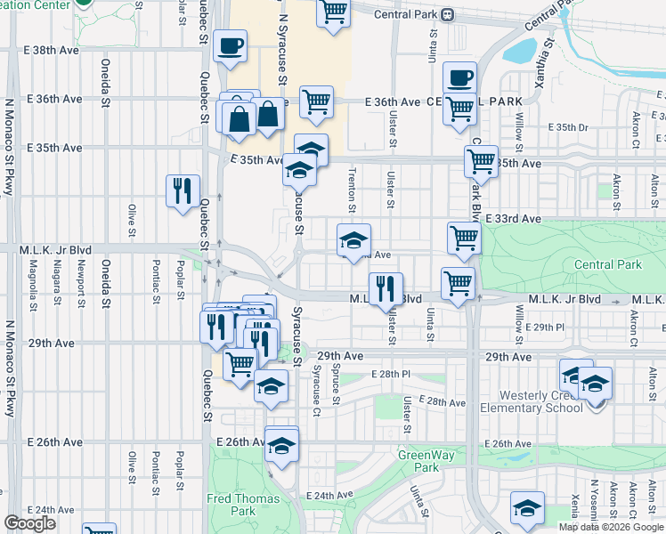 map of restaurants, bars, coffee shops, grocery stores, and more near 7769 Martin Luther King Junior Boulevard in Denver