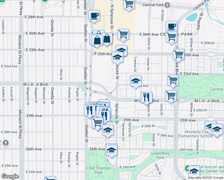 map of restaurants, bars, coffee shops, grocery stores, and more near 3107 Syracuse Street in Denver