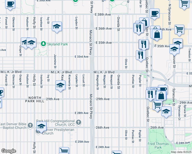 map of restaurants, bars, coffee shops, grocery stores, and more near 3014 Magnolia Street in Denver