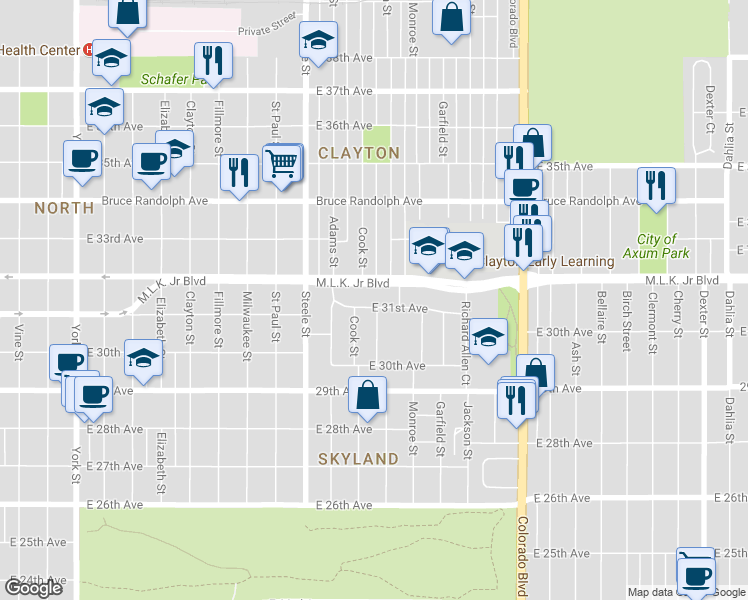 map of restaurants, bars, coffee shops, grocery stores, and more near 3072 Cook Street in Denver
