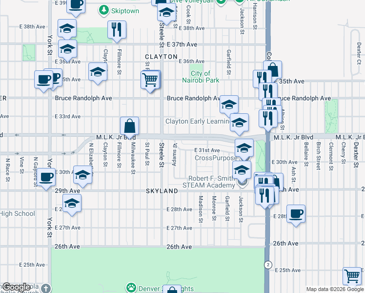 map of restaurants, bars, coffee shops, grocery stores, and more near 3072 Cook Street in Denver