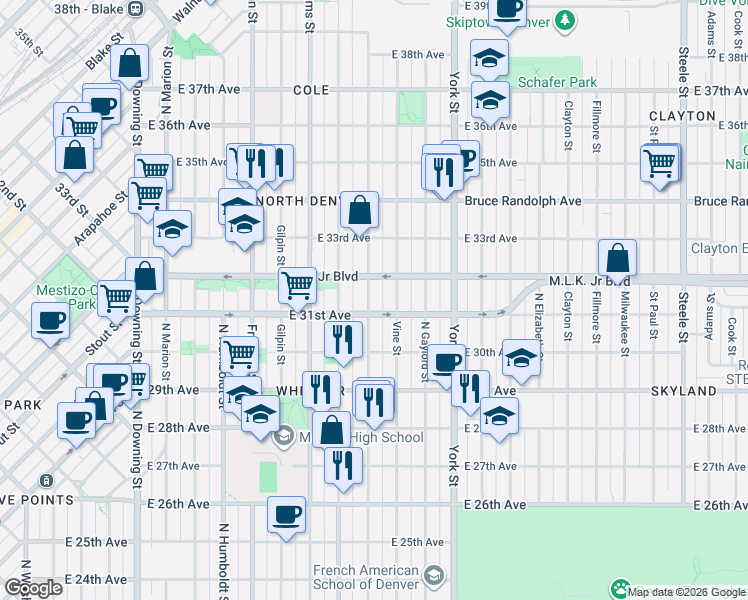 map of restaurants, bars, coffee shops, grocery stores, and more near 3059 Vine Street in Denver