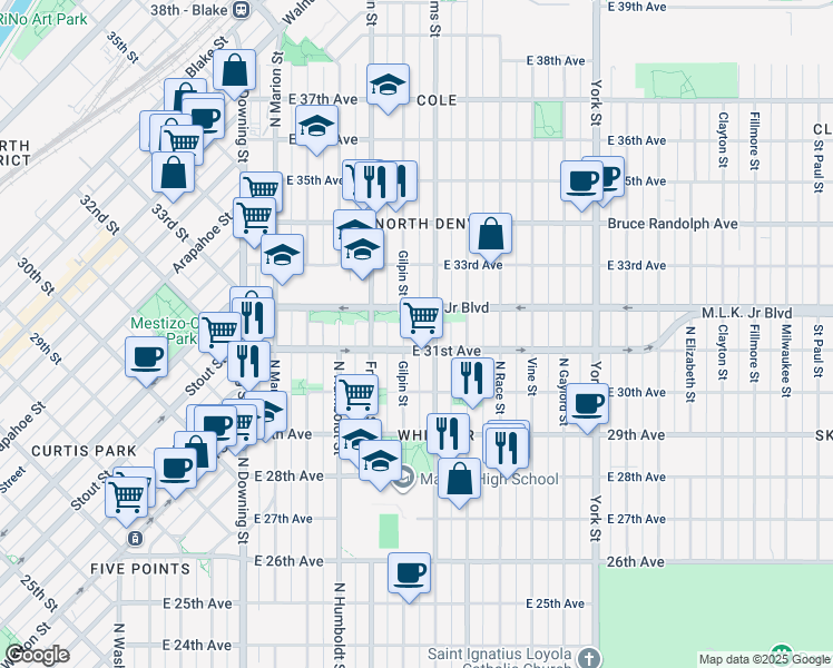 map of restaurants, bars, coffee shops, grocery stores, and more near 3058 Gilpin Street in Denver