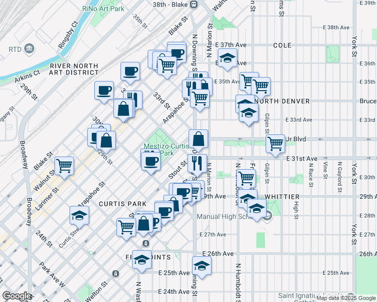 map of restaurants, bars, coffee shops, grocery stores, and more near 3133 Stout Street in Denver
