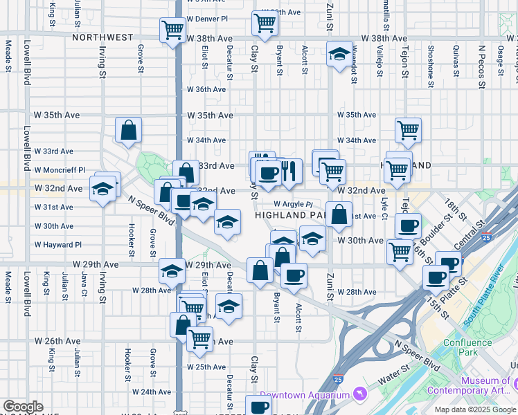 map of restaurants, bars, coffee shops, grocery stores, and more near 2631 West Dunkeld Place in Denver
