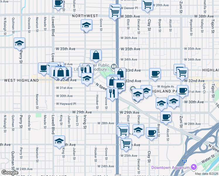 map of restaurants, bars, coffee shops, grocery stores, and more near 3015 Grove Street in Denver