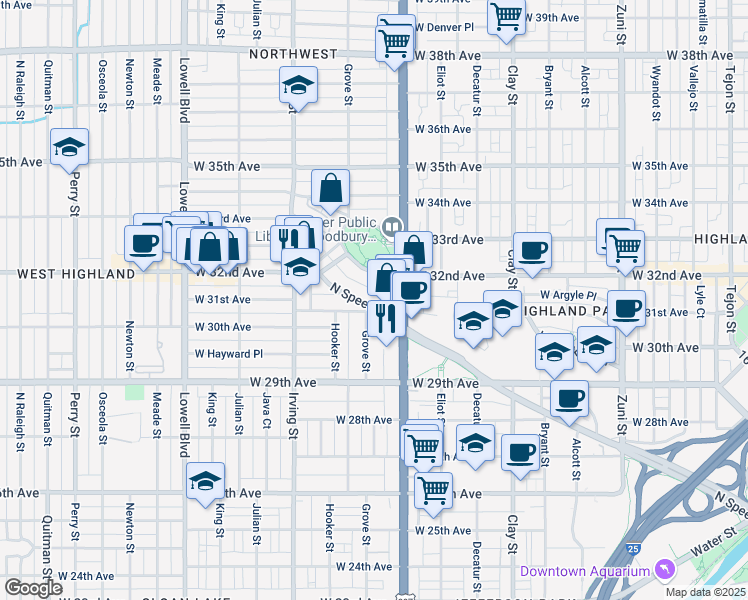 map of restaurants, bars, coffee shops, grocery stores, and more near 3015 Grove Street in Denver