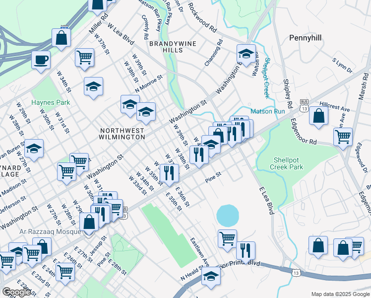 map of restaurants, bars, coffee shops, grocery stores, and more near 19 West 38th Street in Wilmington