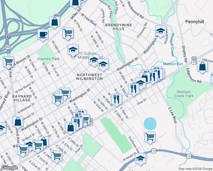 map of restaurants, bars, coffee shops, grocery stores, and more near 110 West 36th Street in Wilmington