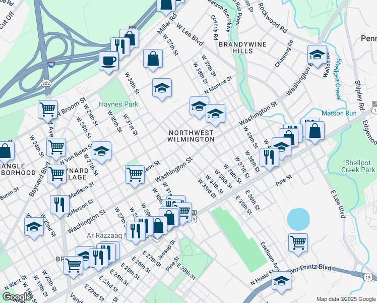 map of restaurants, bars, coffee shops, grocery stores, and more near 3300 Washington Street in Wilmington