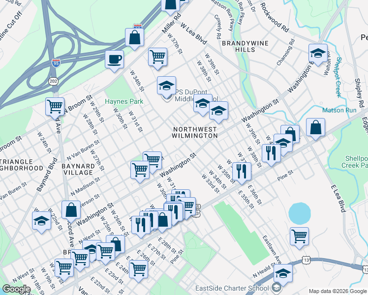 map of restaurants, bars, coffee shops, grocery stores, and more near 3300 Washington Street in Wilmington
