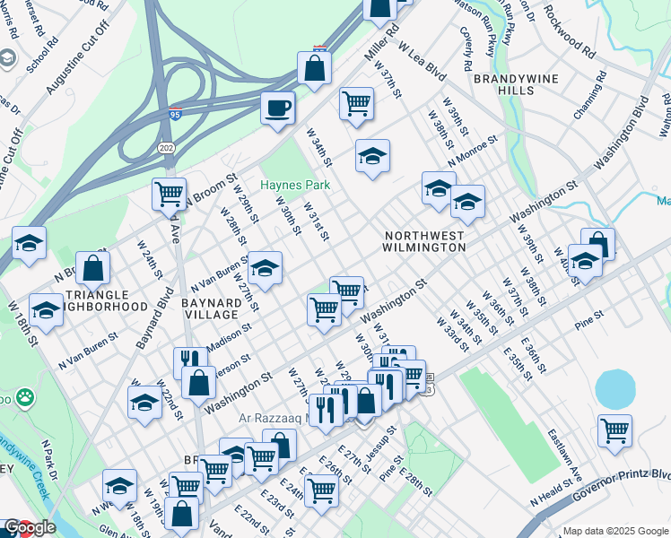 map of restaurants, bars, coffee shops, grocery stores, and more near 3017 North Madison Street in Wilmington