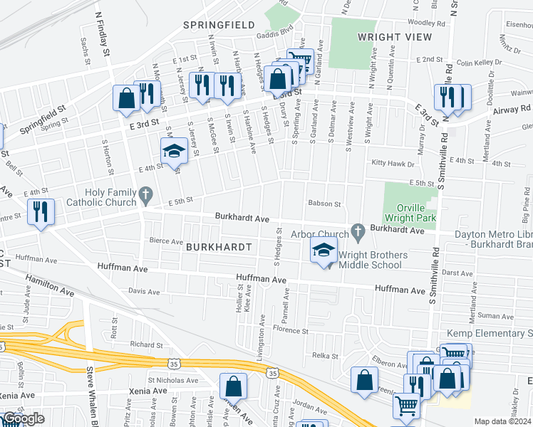 map of restaurants, bars, coffee shops, grocery stores, and more near 408 Burkhardt Avenue in Dayton