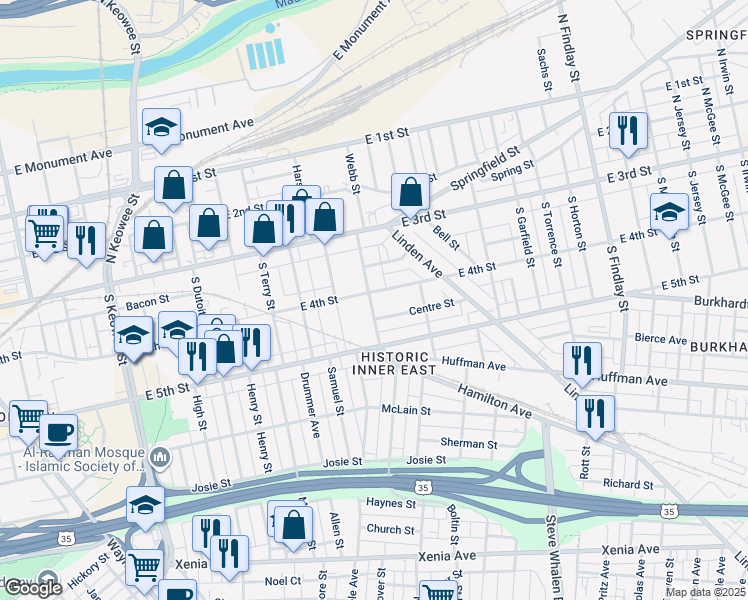 map of restaurants, bars, coffee shops, grocery stores, and more near 8 Centre Street in Dayton
