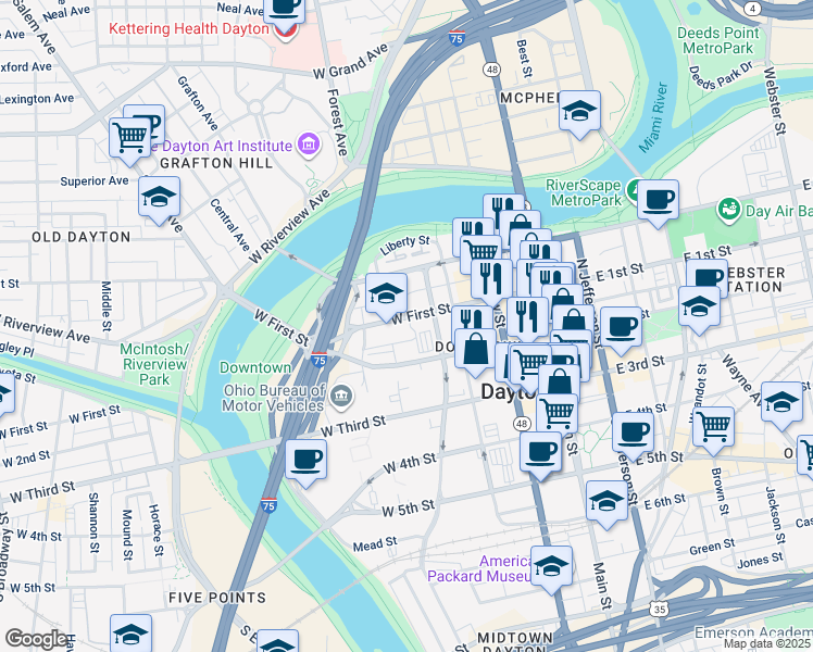 map of restaurants, bars, coffee shops, grocery stores, and more near 341 West 2nd Street in Dayton