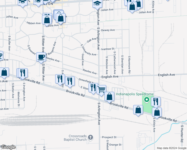 map of restaurants, bars, coffee shops, grocery stores, and more near 5912 Greenfield Avenue in Indianapolis