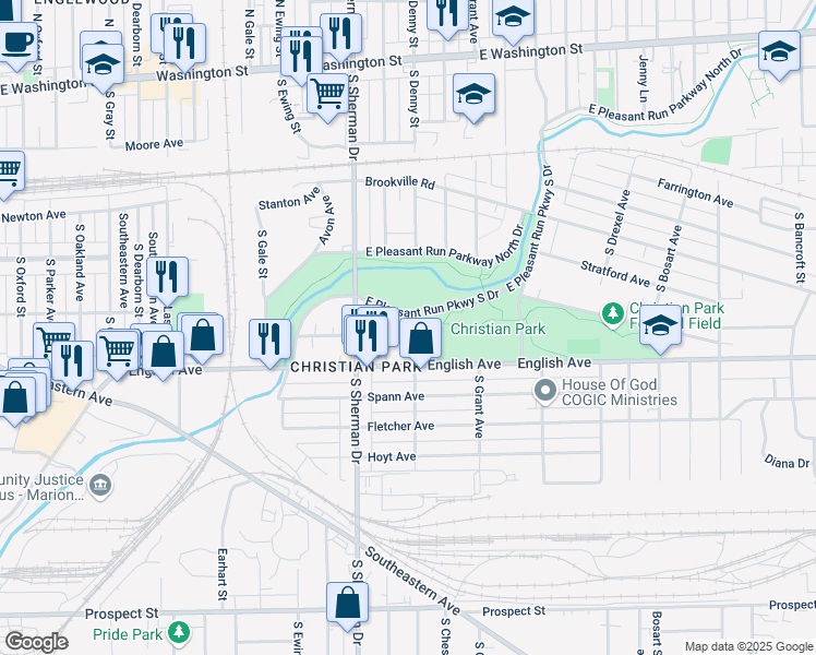 map of restaurants, bars, coffee shops, grocery stores, and more near 3848 English Avenue in Indianapolis