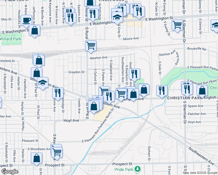 map of restaurants, bars, coffee shops, grocery stores, and more near 441 South Parker Avenue in Indianapolis