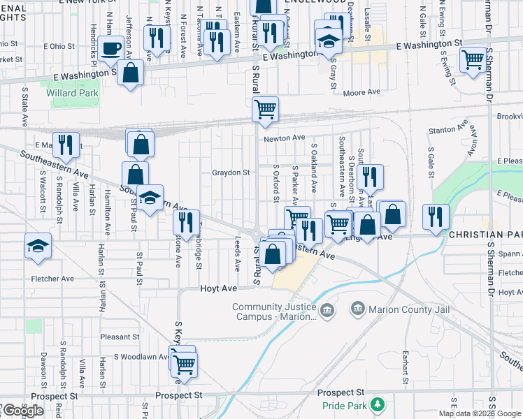 map of restaurants, bars, coffee shops, grocery stores, and more near 442 South Rural Street in Indianapolis