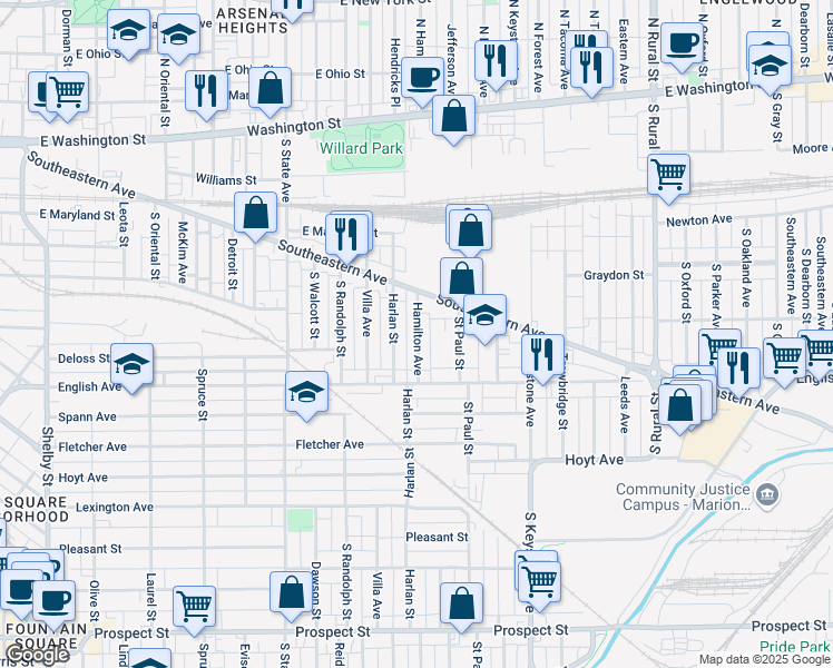 map of restaurants, bars, coffee shops, grocery stores, and more near 415 Hamilton Avenue in Indianapolis