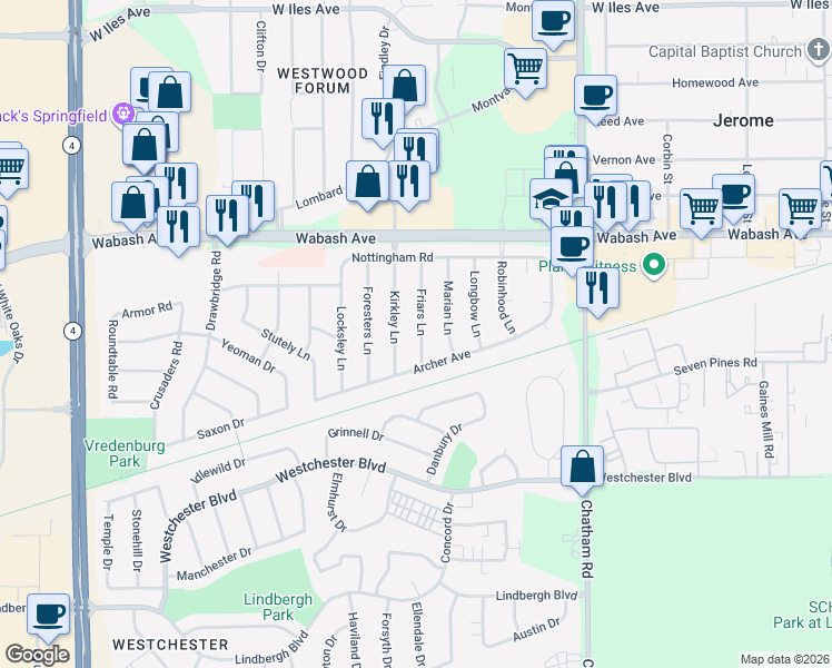 map of restaurants, bars, coffee shops, grocery stores, and more near 60 Kirkley Lane in Springfield