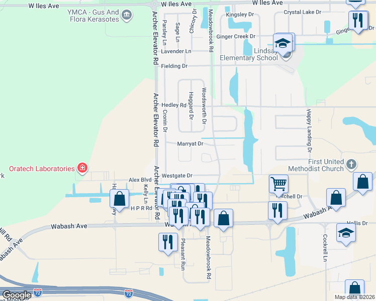 map of restaurants, bars, coffee shops, grocery stores, and more near 4102 Amy Court in Springfield