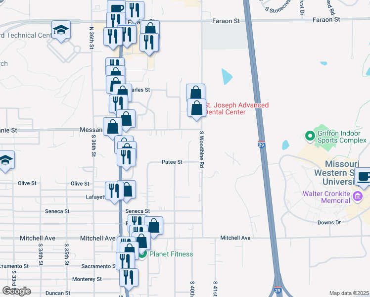 map of restaurants, bars, coffee shops, grocery stores, and more near 3905 Patee Street in Saint Joseph