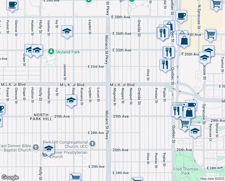 map of restaurants, bars, coffee shops, grocery stores, and more near 3014 Magnolia Street in Denver